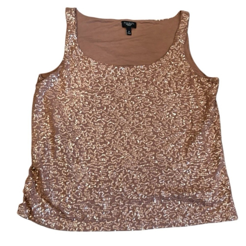 Talbots Petites Womens Sequin Tank Size M Top Scoop Neck Stretch Lined Brown
